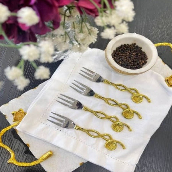 Silver and Gold Flower Handle Dessert Forks Set Of 4. (6874346422409)